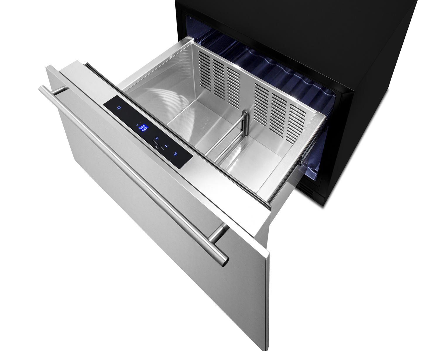 Single drawer all-refrigerator approved for residential and commercial use, built-in capable or freestanding, with digital thermostat, frost-free operation, and panel-ready stainless steel drawer with oversized front for use in 24